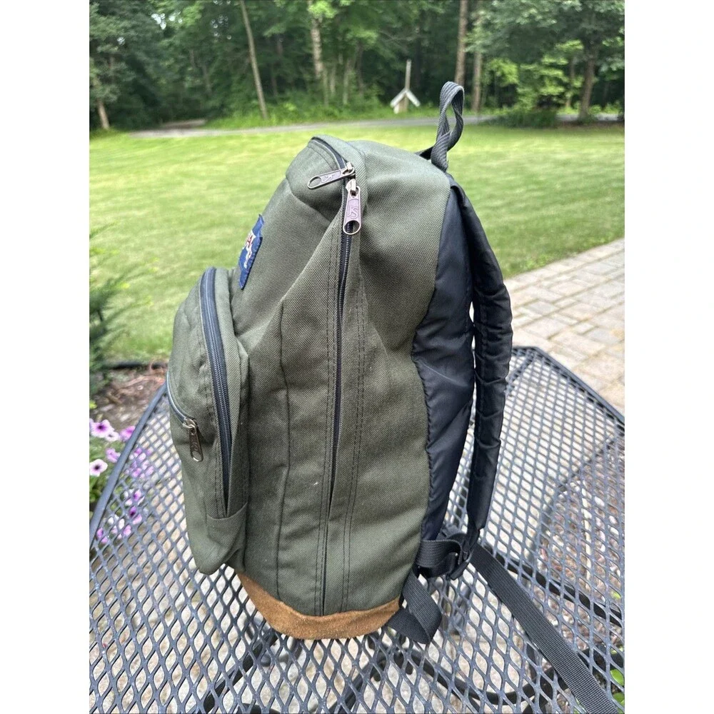 Vintage Jansport Suede Leather Bottom Backpack Green Classic School USA 90s